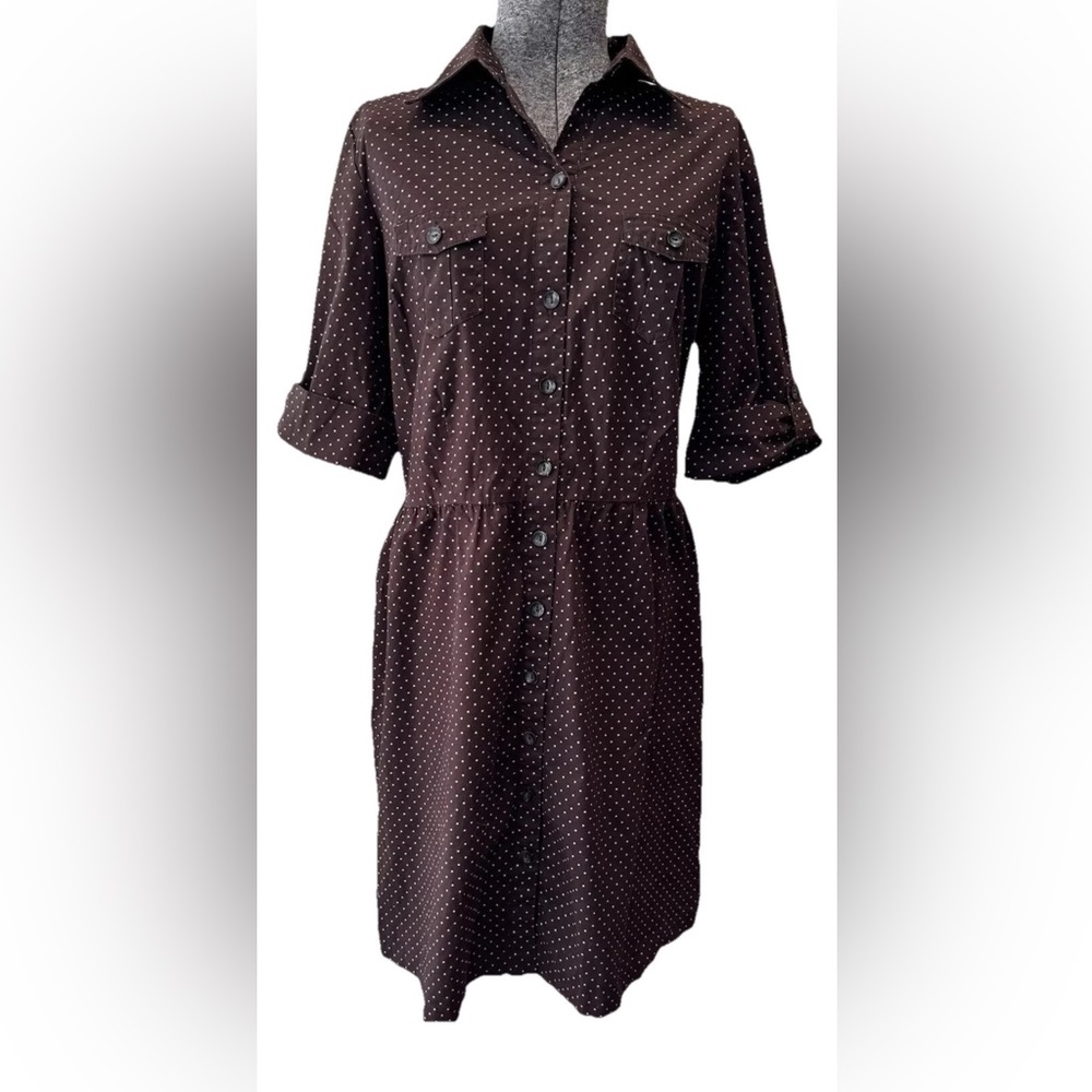 Merona brown polka dotted shirt dress ladies‎ size Medium-cotton stretch EUC
